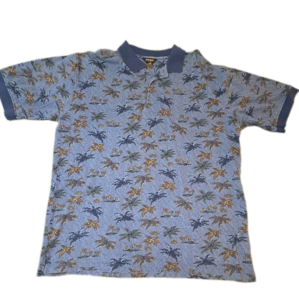 Woolrich Shirt Mens XL John Rich Bros Blue Palm Tree Tropical Print Pique Polo